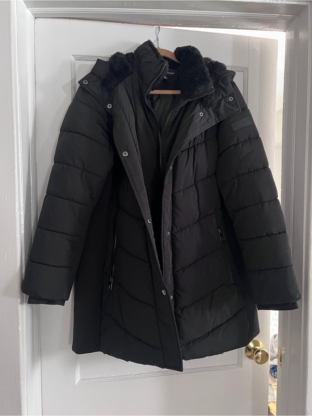 Women’s Black Puffer Coat with Faux Fur Trim - Brand: Andrew Marc